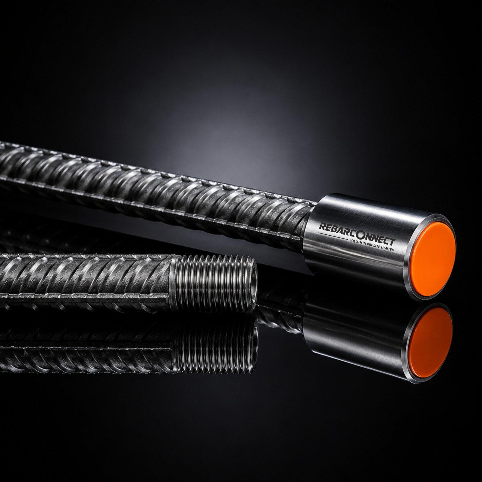 A RebarConnect coupler joining two reinforcing bars, lit on a black studio stage
