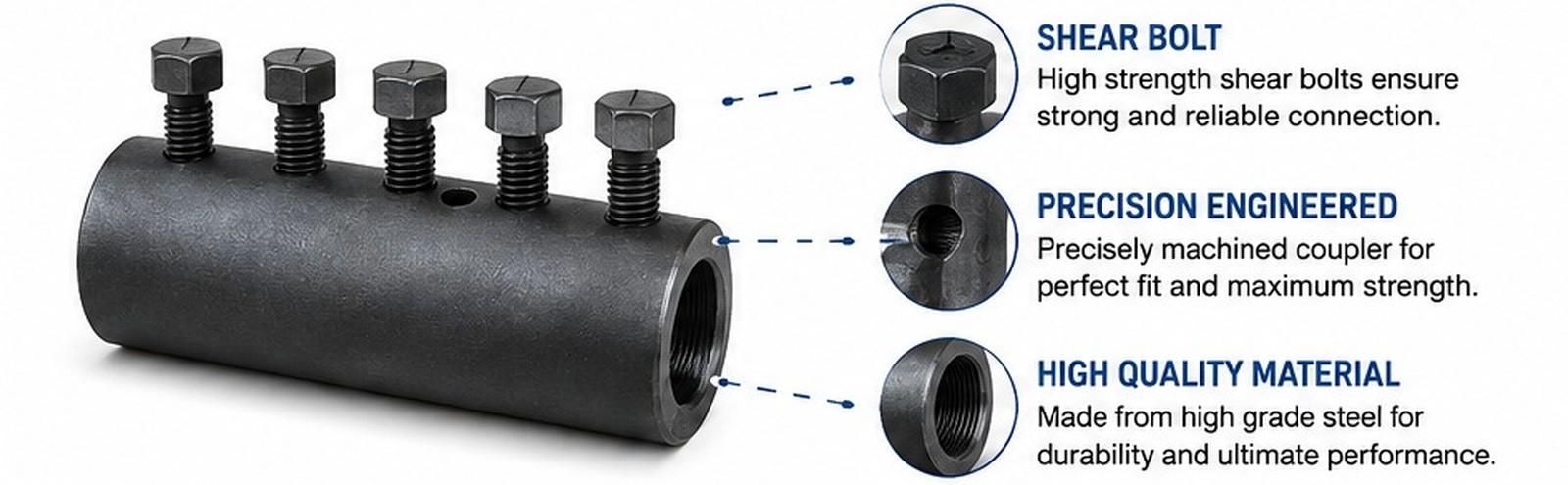 Cut-away MBT coupler annotated with its shear bolts, machined bore and steel body