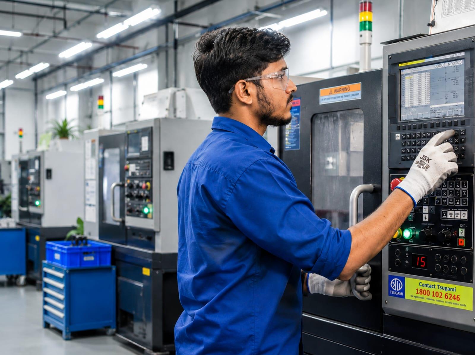 A RebarConnect operator at the control panel of a CNC lathe on the works floor